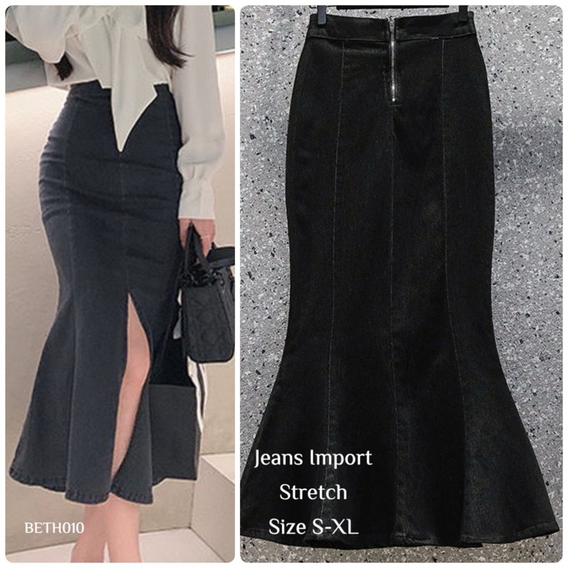 HW Midi Skirt Mermaid Slit Jeans Import Premium (010)