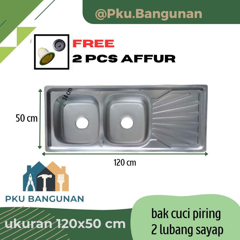 kitchen sink 2 lubang sayap wastafel 120x50 cm Stainless Steel / bak cuci piring 12050 + AFFUR