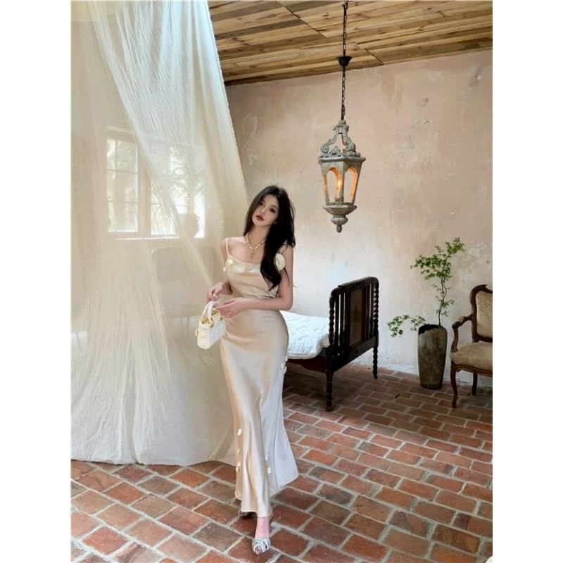 Gaun Satin Pesta Elegant Dress Sexy Satin Dress Panjang Dress Mewah Perancis Musim Panas Rok Ramping