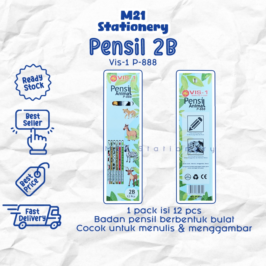

(12 PCS) PENSIL 2B VIS-1 P-888 ANIMAL / 1 pack pak vis1 p888 pencil pena original menulis graphite menggambar sket sketch anak alat tulis sekolah kuliah atk kantor stationery murah / m21 stationery jogja