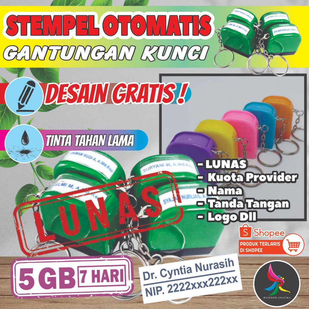 

stempel otomatis FLASH gantungan kunci | NAMA | LUNAS | KUOTA | TTD | cap
