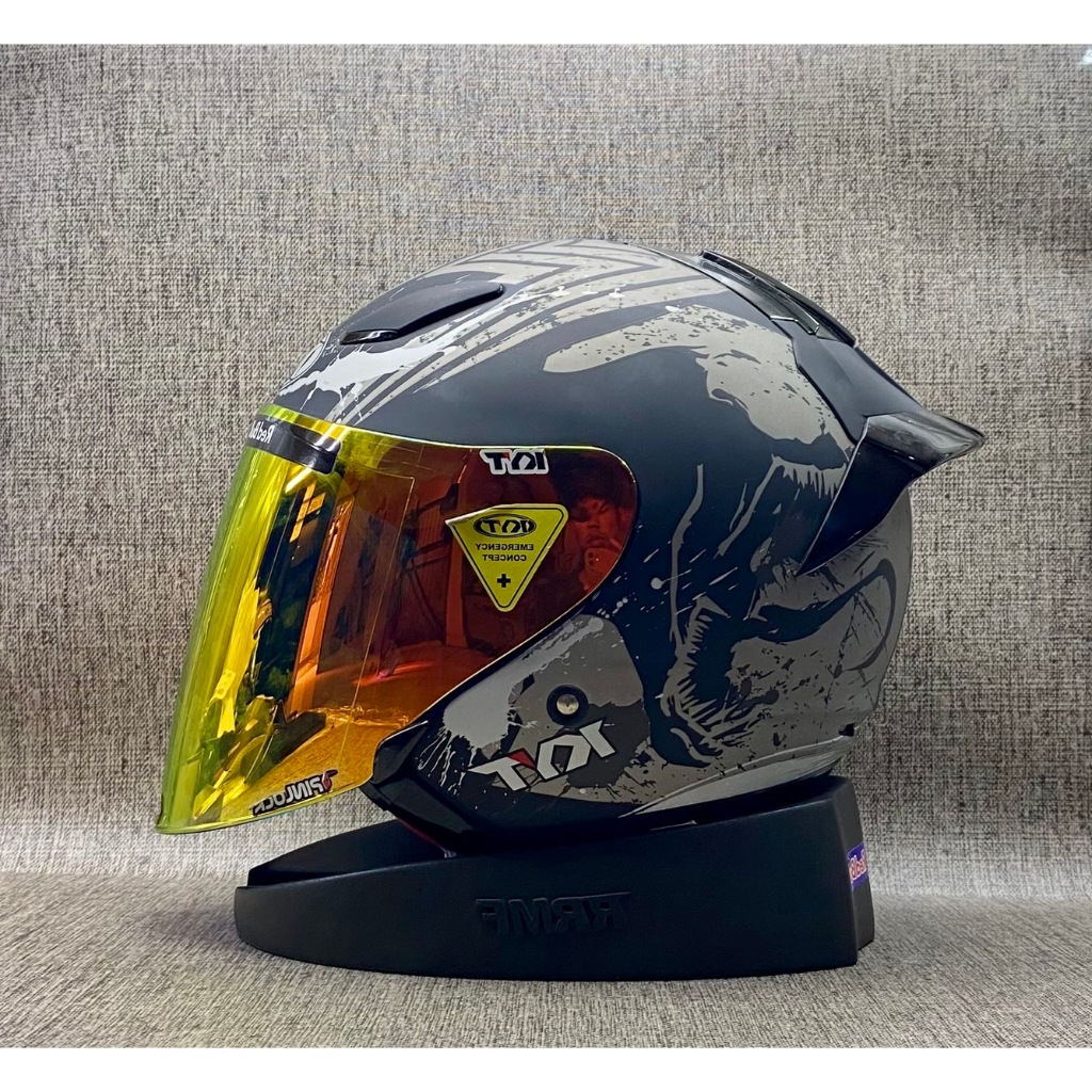 KYT DJ Maru Venom Black Doff/Silver || Paket Ganteng Helm Half Face Single Visor Dewasa Pria Wanita