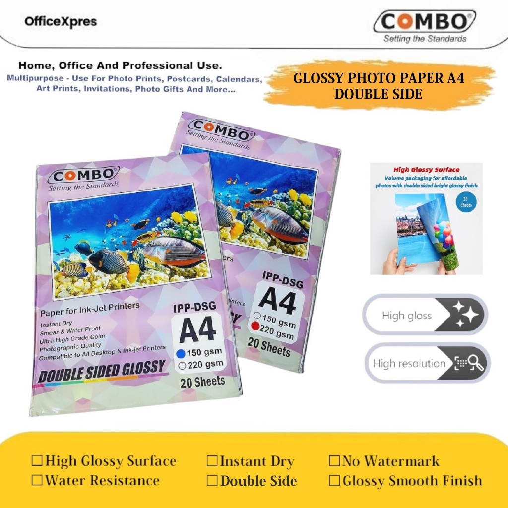 

Kertas Foto 2 Sisi A4 150Gsm / Double Side Glossy Photo Paper A4 / Kertas Cetak Foto 2 Sisi / Photo Paper 150grm A4 / Kertas Cetak Poster A4 Combo