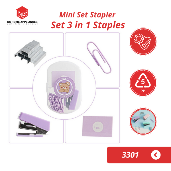 

KS Mini Set Stapler Set 3 in 1 Staples Cute Stapler Klip Kertas Sekolah Kantor