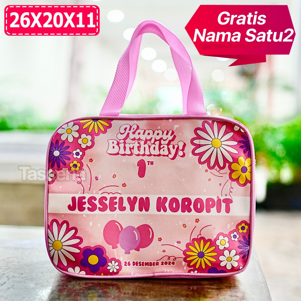 

Tas Ulang Tahun Anak Premium Custom Nama Gambar Bunga Pink
