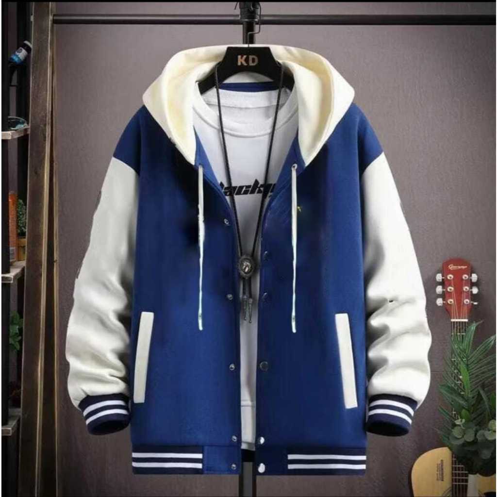 hot deals jaket varsity baseball hitam cream polos - jaket hoodie varsity model kancing premium