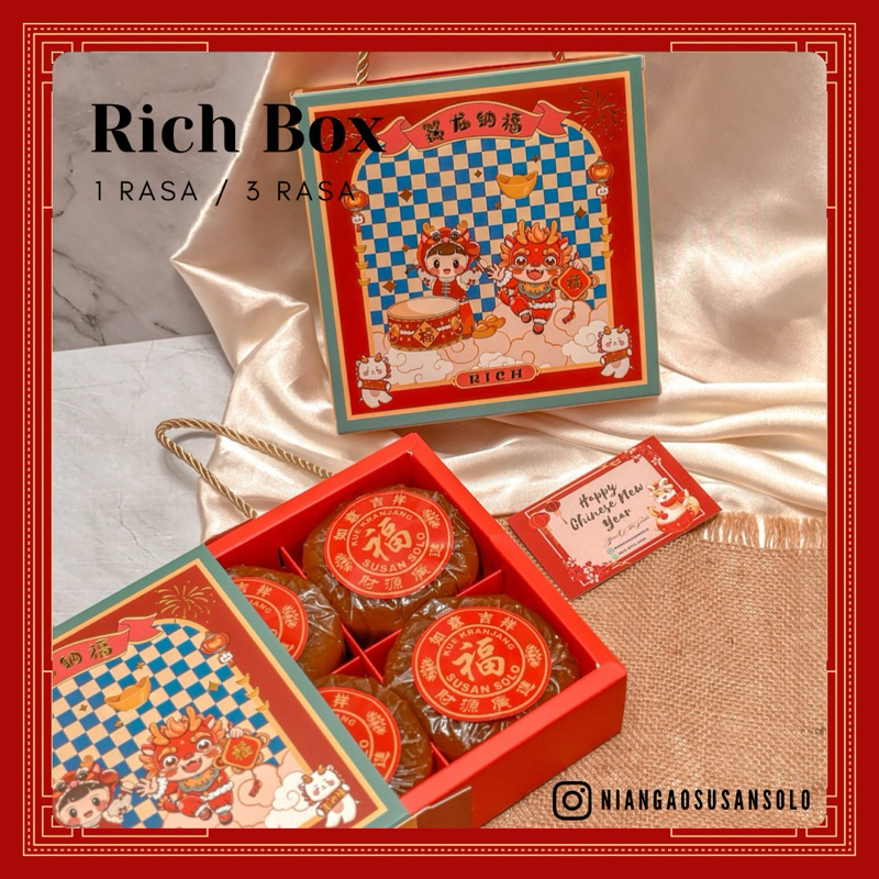 

Rich Box | Kue Keranjang Asli 100% Cap Susan Solo Hampers Imlek Nian Gao Tiam Pan Kue Cina Kue China Hampers Chinese New Year Kue Keranjang Durian Kue Keranjang Coklat Hampers Cookies