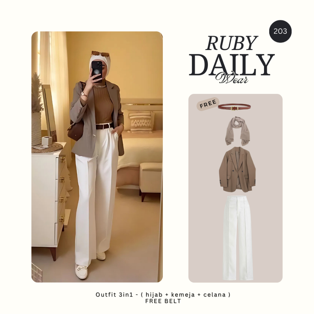 Setelan OLD MONEY Wanita FREE BELT ( Hijab+Blazer+Celana) Set Korean Style Terbaru - RO203