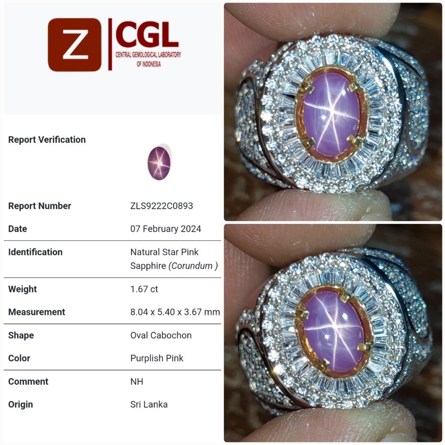 HQ Natural Pink Star Sapphire NH Srilanka Batu Permata Safir Top Ster