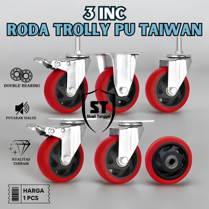 RODA TROLI 4" INCH PU MERAH TAIWAN+DOUBLE BEARING HEAVY DUTY - RODA CASTER TAIWAN