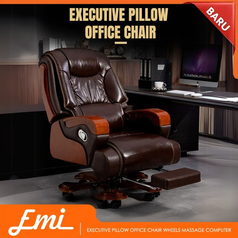 Reclining Leather Chair Kursi Direktur Kulit Wooden Adjustable Executive Office Chair