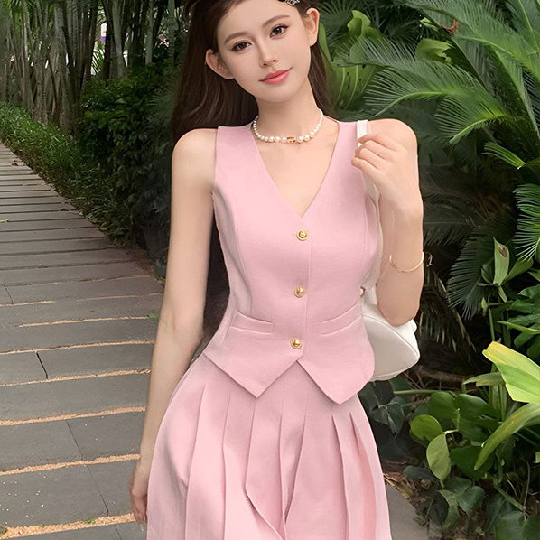 Temperamen manis setelan dua potong jas wanitarompi dada tunggal rompi atas rok lipit setengah badan