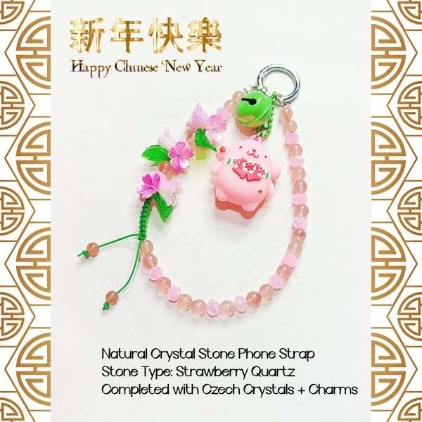 CUSTOM PHONE STRAP CRYSTAL STONE ASLI BATU ALAM NATURAL KEBERUNTUNGAN LUCKY POMPOMPURIN PINK SANRIO 