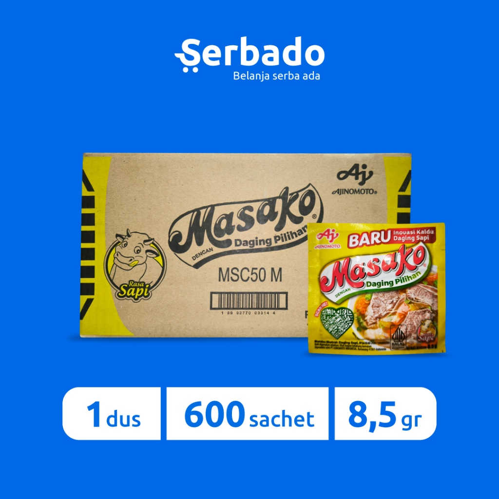 

Masako Bumbu Kaldu Penyedap Rasa Sapi Kemasan Sachet 8.5gr 1 Dus (isi 600 sachet)