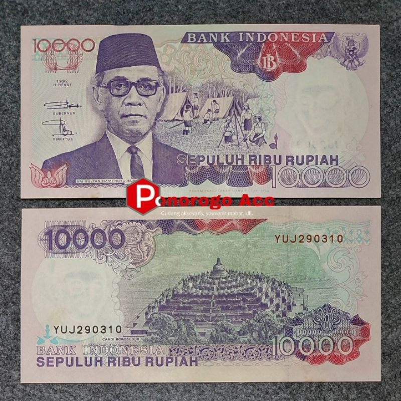 (Gress/Baru) Uang kuno 10000 Sri Sultan Hamengku Buwono IX Tahun 1992 uang lama 10k 10rb Candi Borob