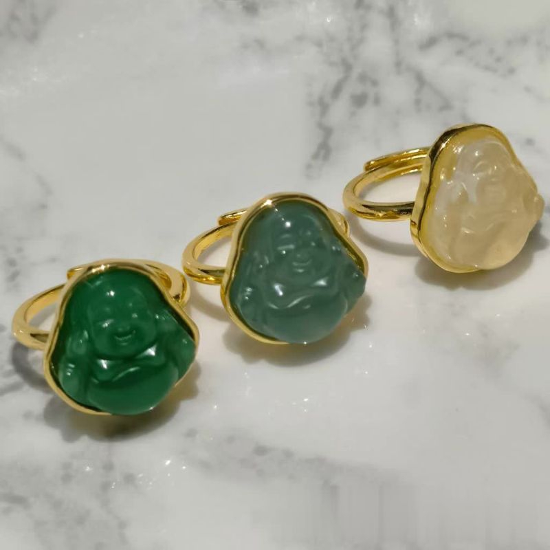 Cincin Giok Imitasi Desain Buddha Tersenyum (Ukuran Dapat Disesuaikan) Gaya Etnik