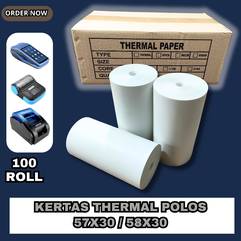 

100 ROLL KERTAS THERMAL POLOS EDC BLUETOOTH 57X30 / 58X30