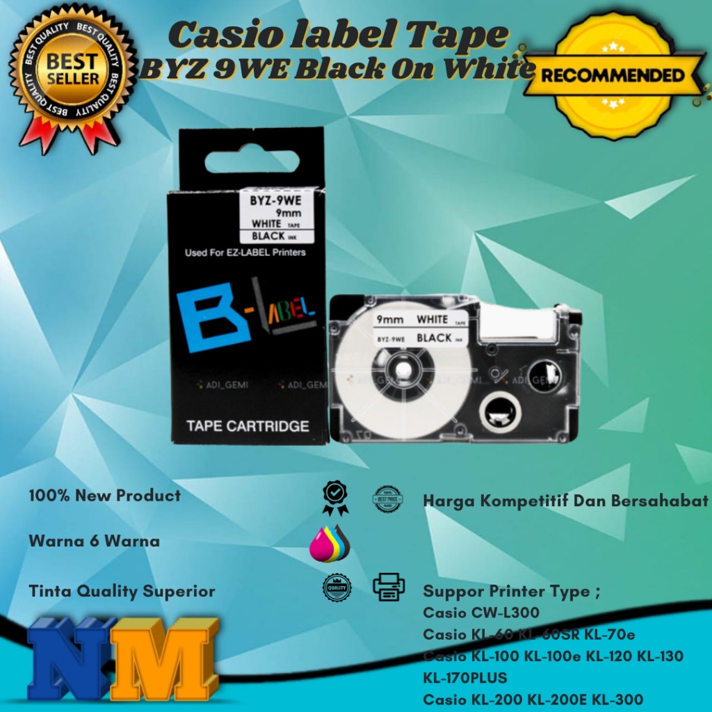 

Compatible Casio label Tape BYZ 9WE Black On White - KL-100 KL-100e KL-200