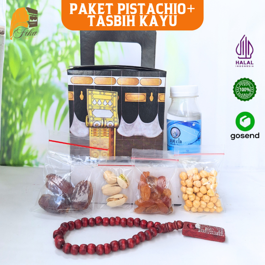 

Paket Oleh Oleh Haji Umroh dan Haji Gift Hampers Air Zamzam Original Pistachio dan Tasbih Kayu