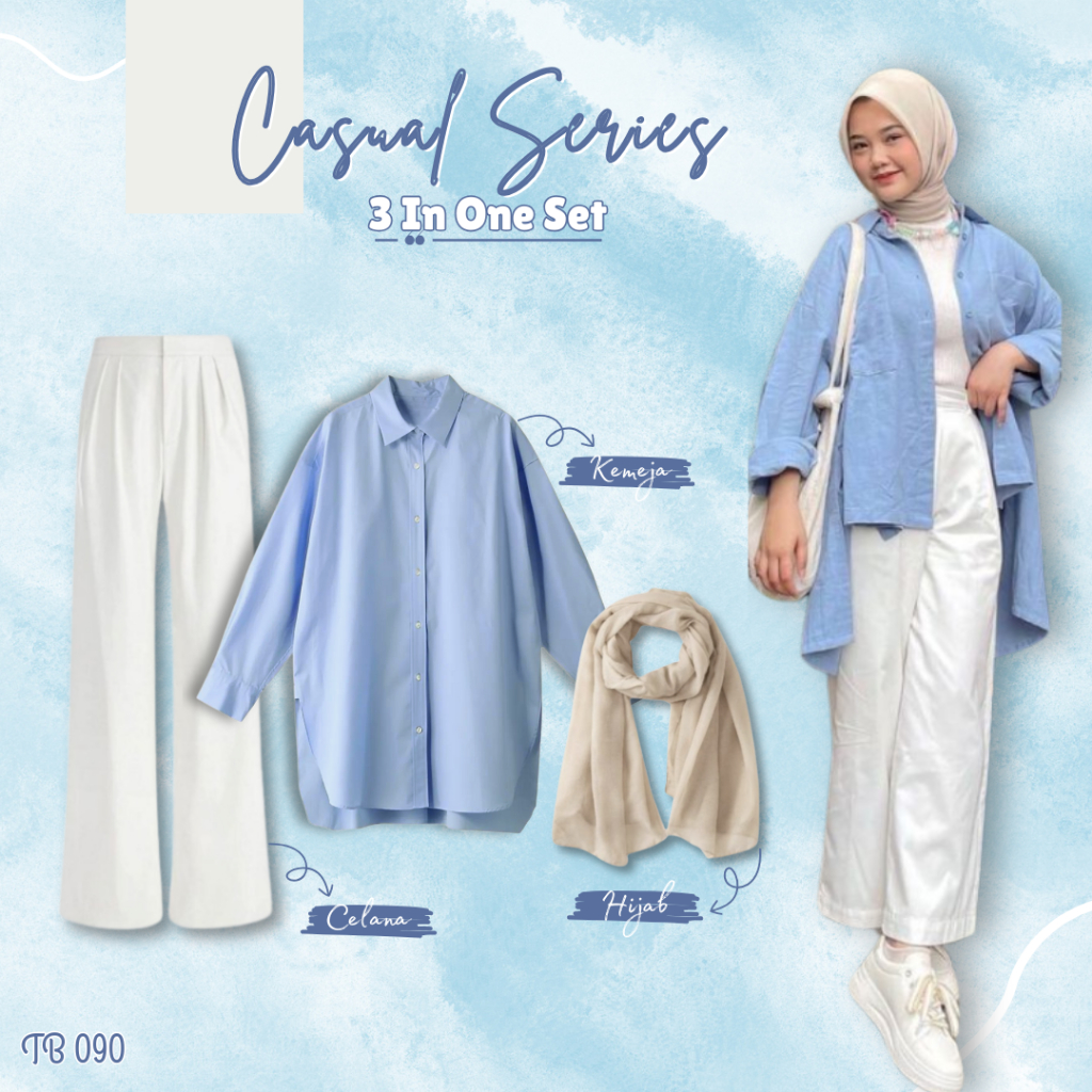 TB 090 | Casual Series | Setelan Baju Wanita Hijab 3 In 1 (Kemeja Sky Blue, Celana Jennie Knit, dan 