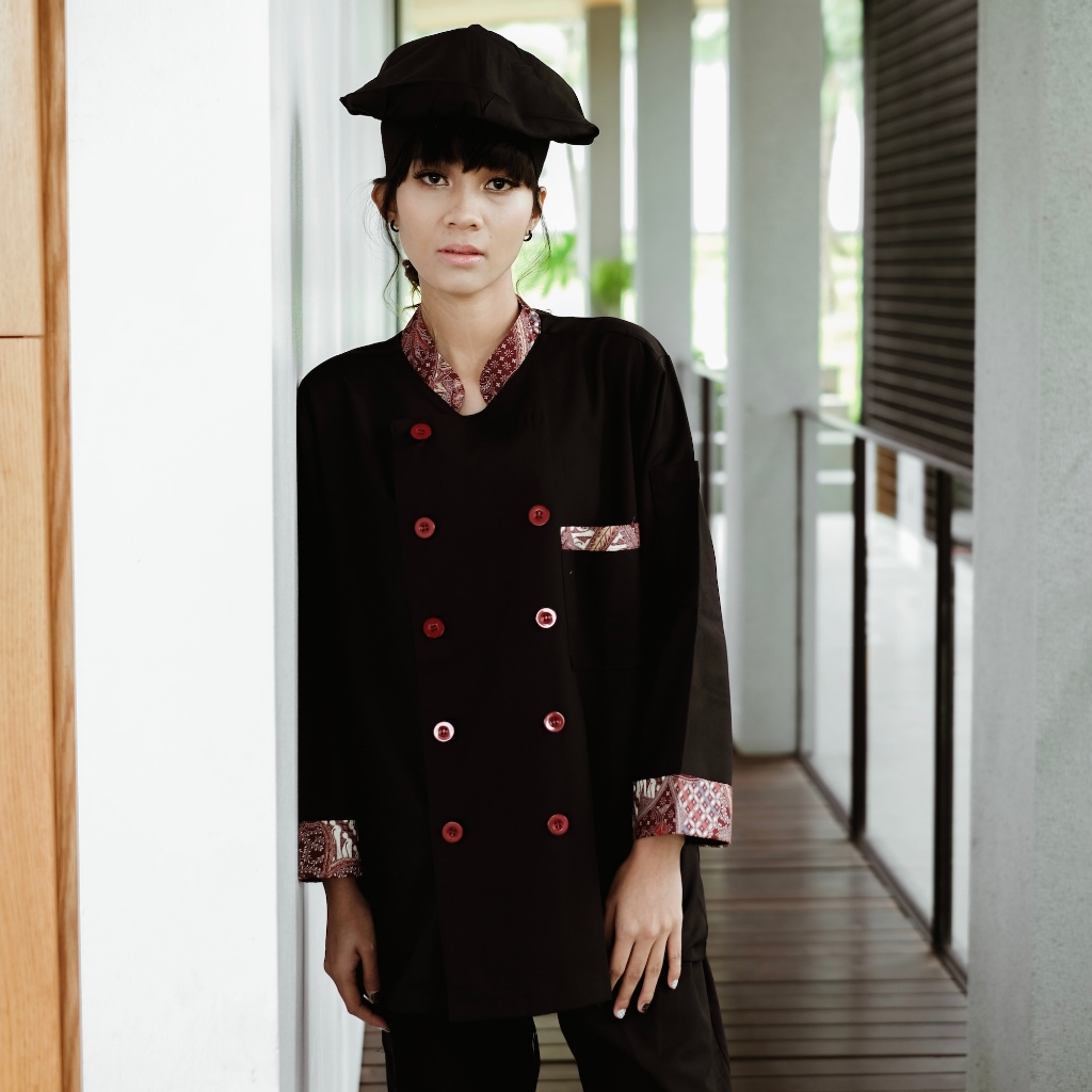 Chef Series Emerald Batik Tangan Panjang Baju Koki - Hitam Merah