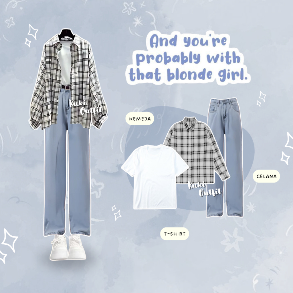 Oneset Wanita Korean Style (Kemeja Flanel Hijab Pashmina Celana Jeans) Outfit Hijab OOTD - KK187