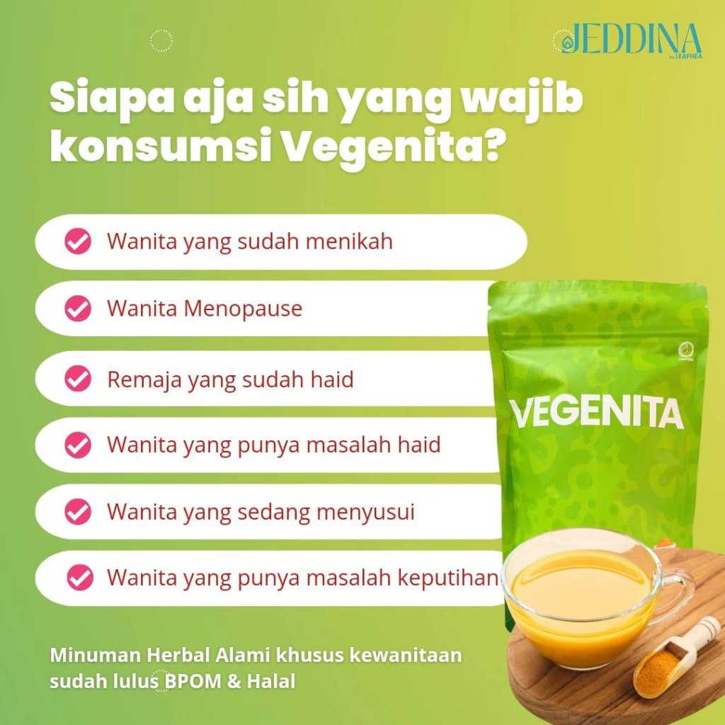 

VEGENITA Minuman Sehat BPOM & Halal, Mendukung Kesehatan Reproduksi & Kulit Cantik Alami, Kunyit & Saffron