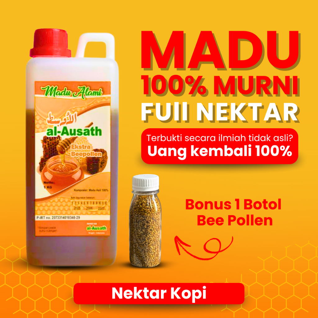 

1KG MADU ASLI AL-AUSATH NEKTAR KOPI - Madu Murni Asli 100% Original Tanpa Campuran + Bonus Gratis 1 Botol Bee Pollen