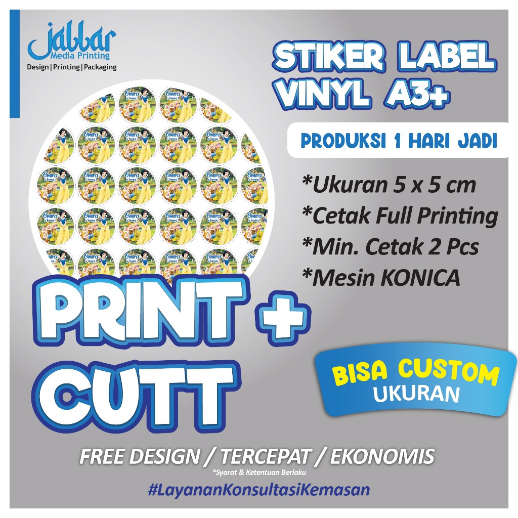 

CETAK+CUTTING STIKER LABEL CUSTOM BAHAN VINYL A3+