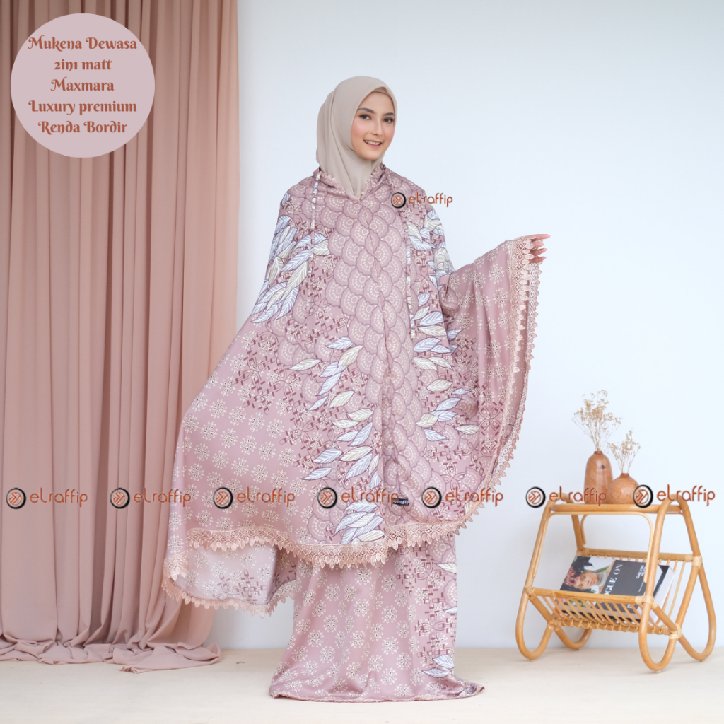 Elraffip-Mukena Dewasa 2in1 Satin Motif Luxury Printing Premium Kombinasi Renda