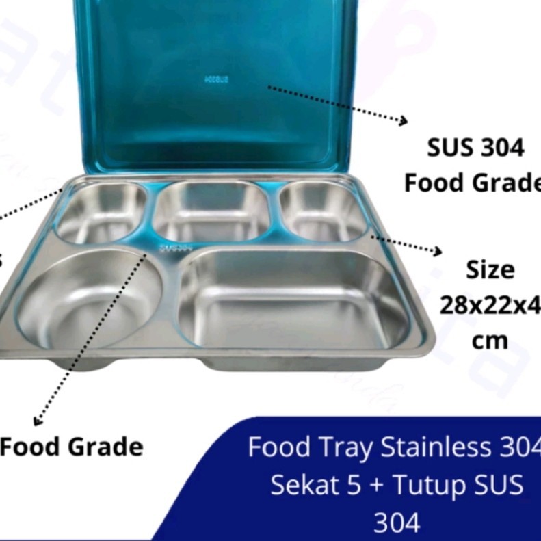 Lunch box stainless 304 sekat 5 / lunch box plus tutup / kotak makan sekat