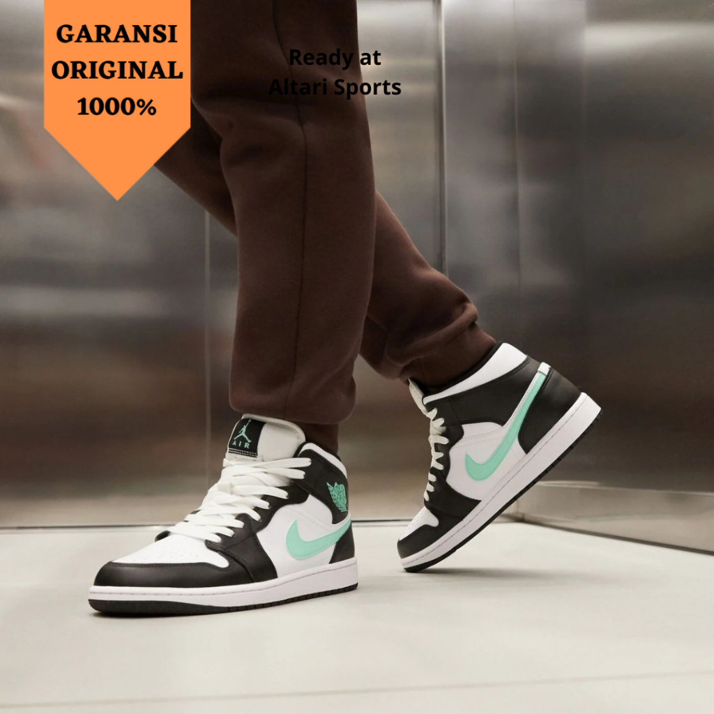 Sepatu snekaers pria Jordan 1 Mid White Green DQ8426 103 Original Asli BNIB