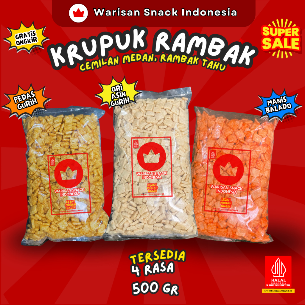 

(1/2 Ball) KERUPUK RAMBAK TAHU KOTAK CAMILAN MEDAN WARISAN SNACK INDONESIA (425gr), Makanan Ringan Krupuk Cemilan Murah halal pedas daun jeruk