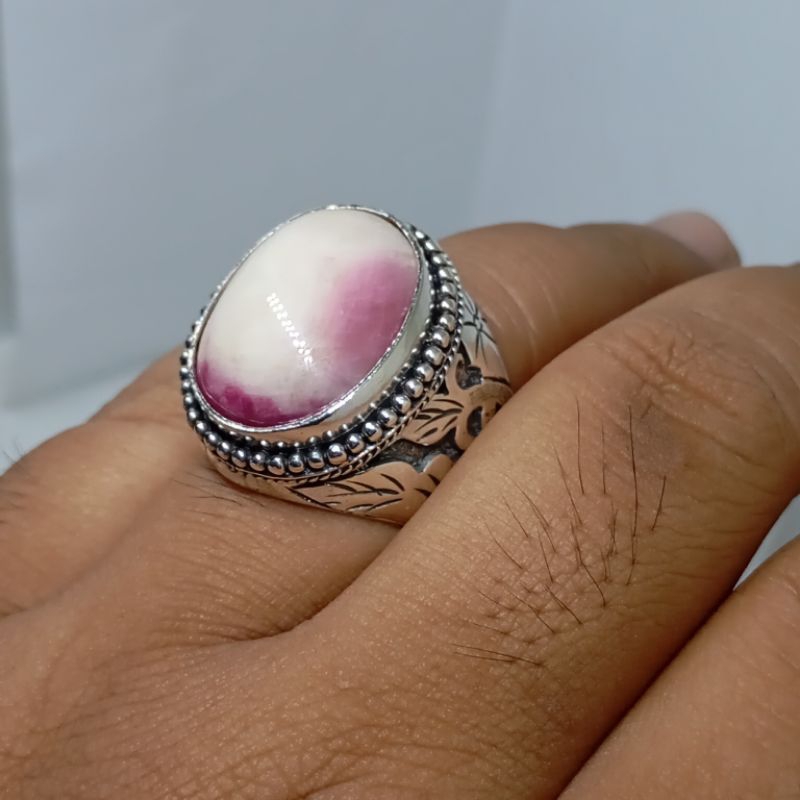 Cincin Pria Ruby Belang Merah Putih Perak Silver 925 Handmade
