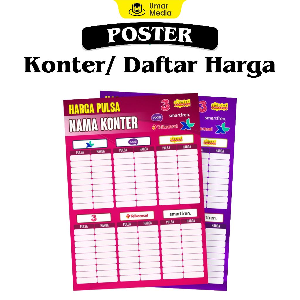 

POSTER KONTER DAFTAR HARGA PAKET ISI ULANG KUOTA (CUSTOM)