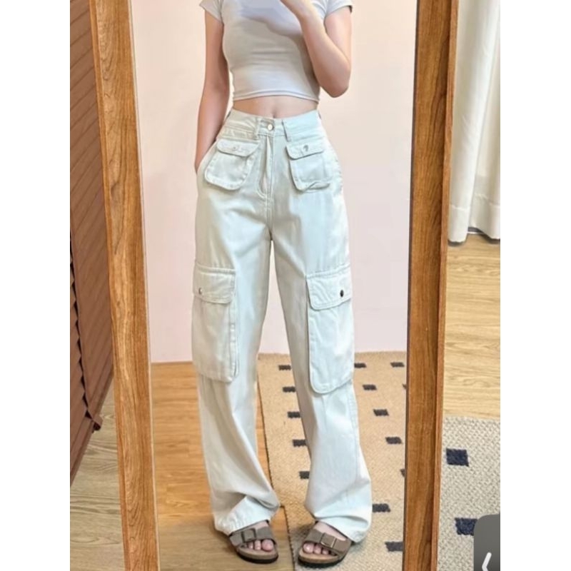 Cargo Denim Pasir Putih Highwaist Cargo Loose Jeans Celana Cargo Pants Celana Jeans Wanita Terbaru