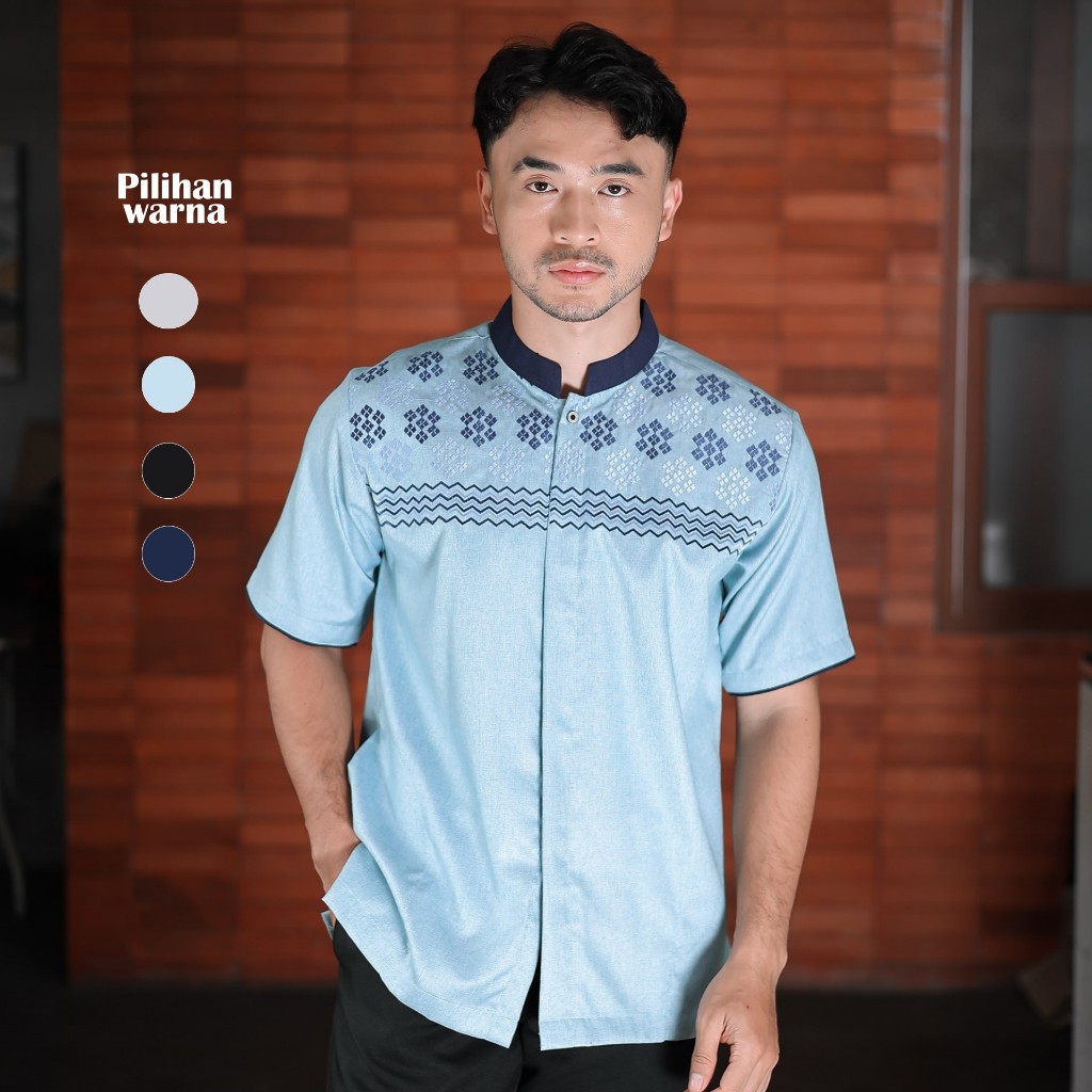 PREMIUM baju koko muslim bordir pria dewasa terbaru lengan pendek katun madinah warna