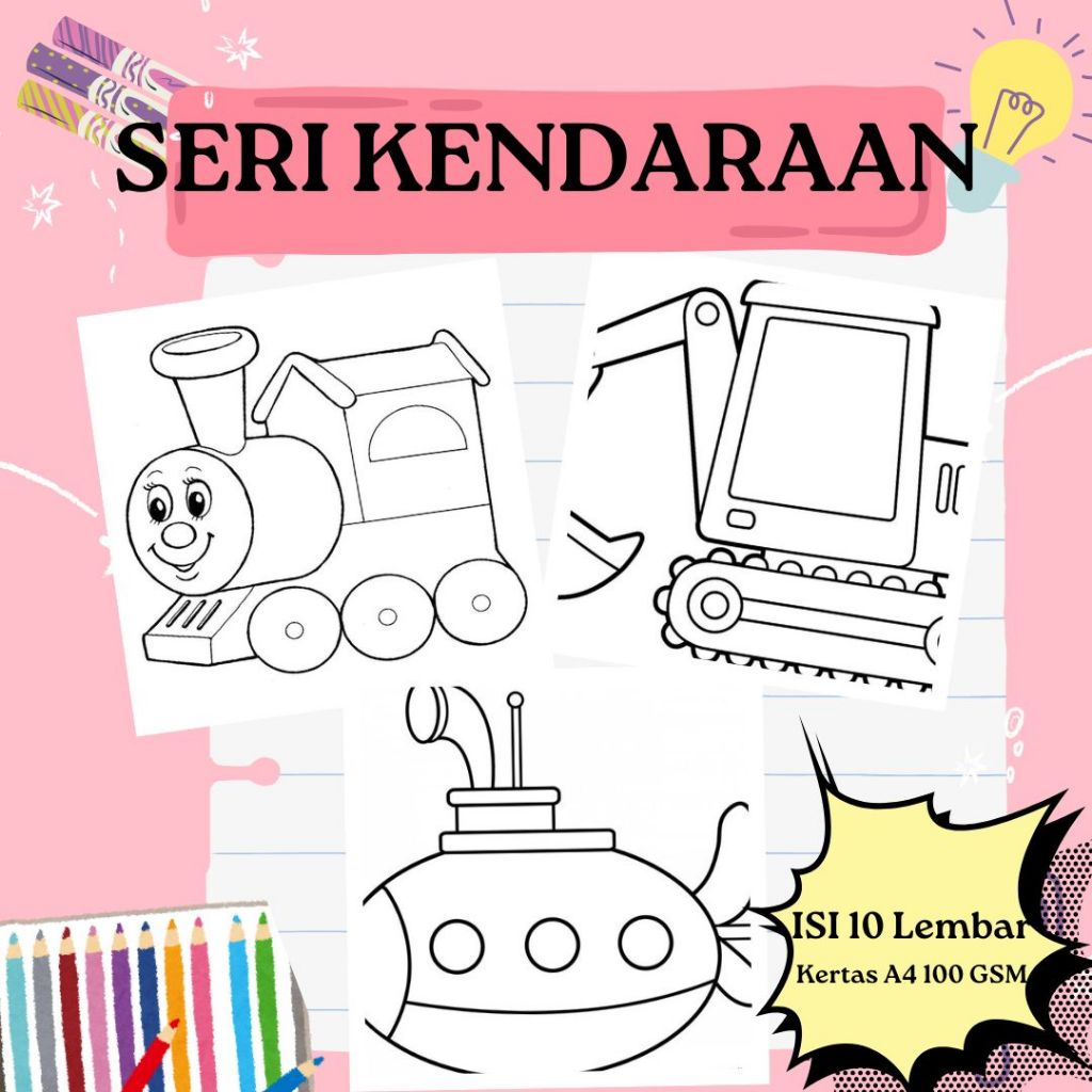 

10 Lembar kertas mewarnai anak ukuran A4 100 gsm seri Kendaraan