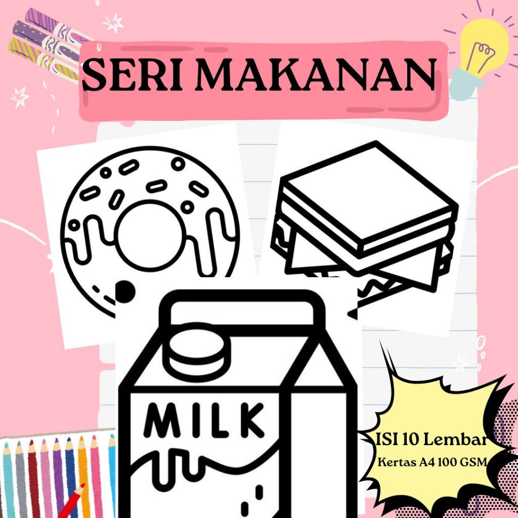 

10 Lembar kertas mewarnai anak ukuran A4 100 gsm seri Makanan