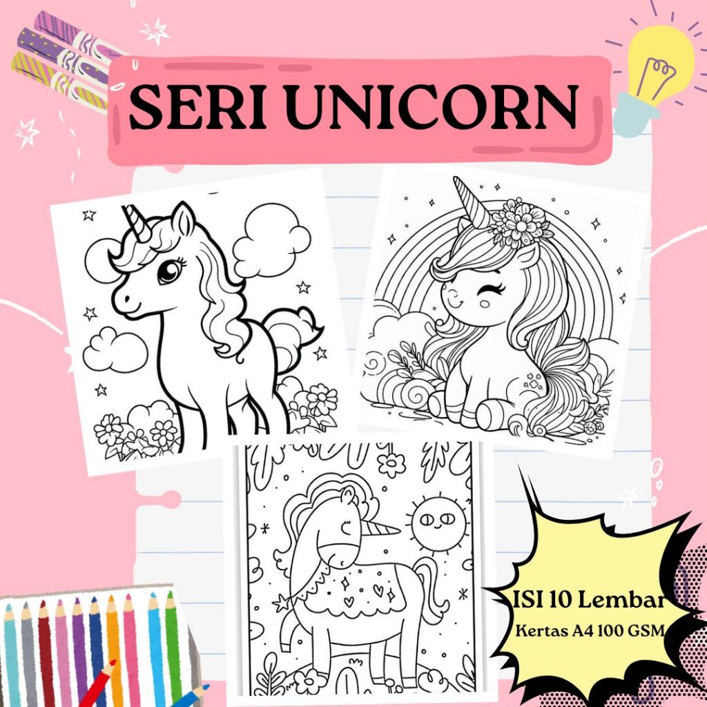 

10 Lembar kertas mewarnai anak ukuran A4 100 gsm seri Unicorn