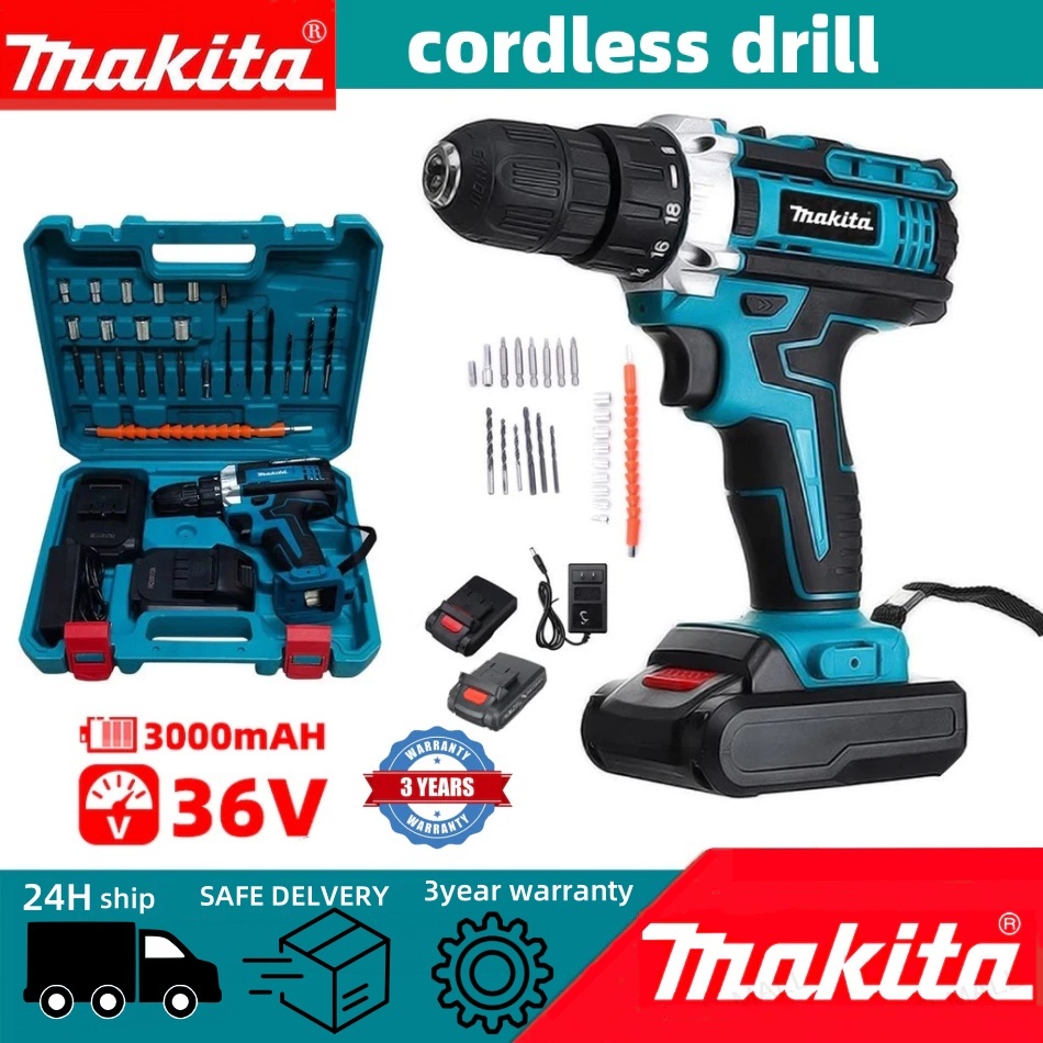 Bor Tangan Palu Impact Bor Tanpa Kabel Makita 36V dengan 2 Baterai dengan Kotak Aksesori Obeng