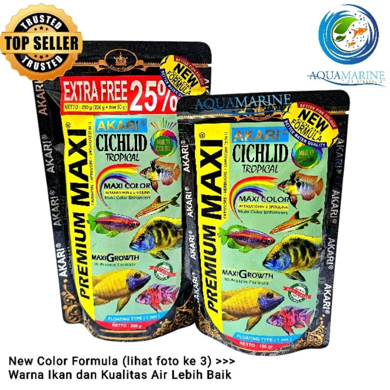 AKARI PREMIUM MAXI CICHLID Tropical Multi Color pelet 1mm 100 gr dan 40 gr Aquamarine Fish cocok unt