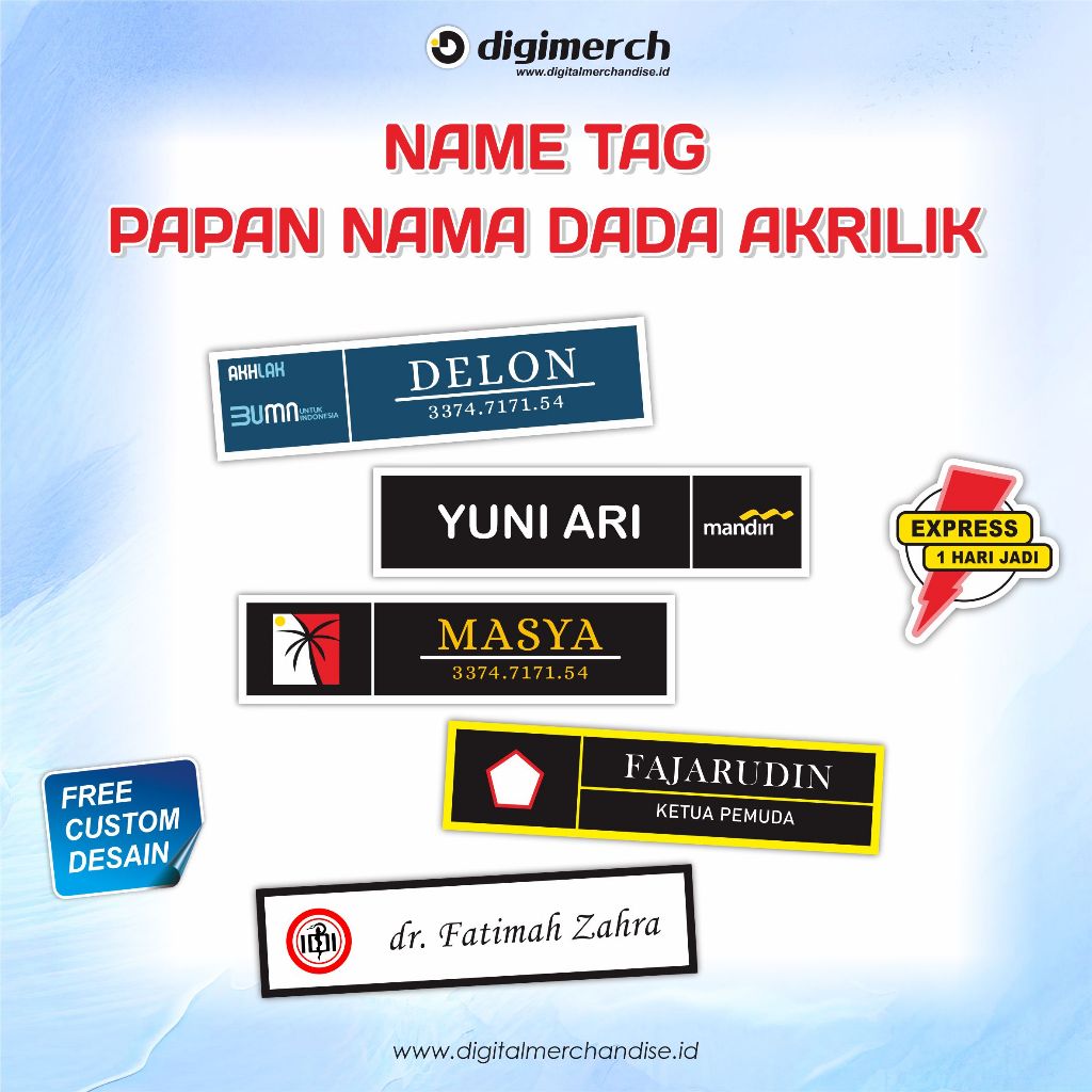 NAME TAG AKRILIK CUSTOM / NAMA DADA PAPAN NAMA DADA AKRILIK PENITI CUSTOM DESAIN
