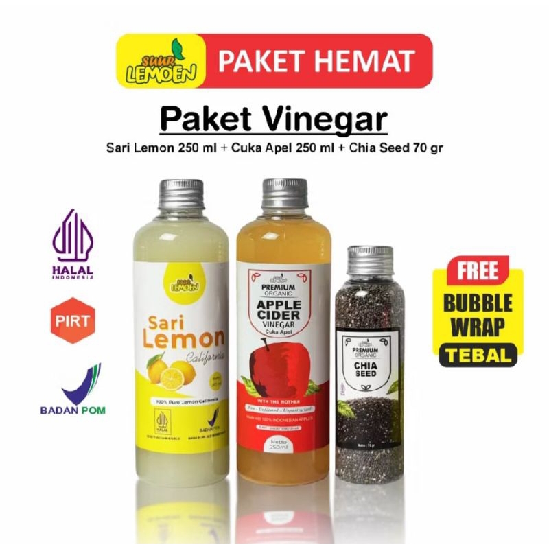 

PAKET DIET SEHAT EKONOMIS CUKA APEL 250 ML || SARI LEMON MURNI 250 ML PLUS CHIASEED 70 GR BY SUUR LEMOEN ID