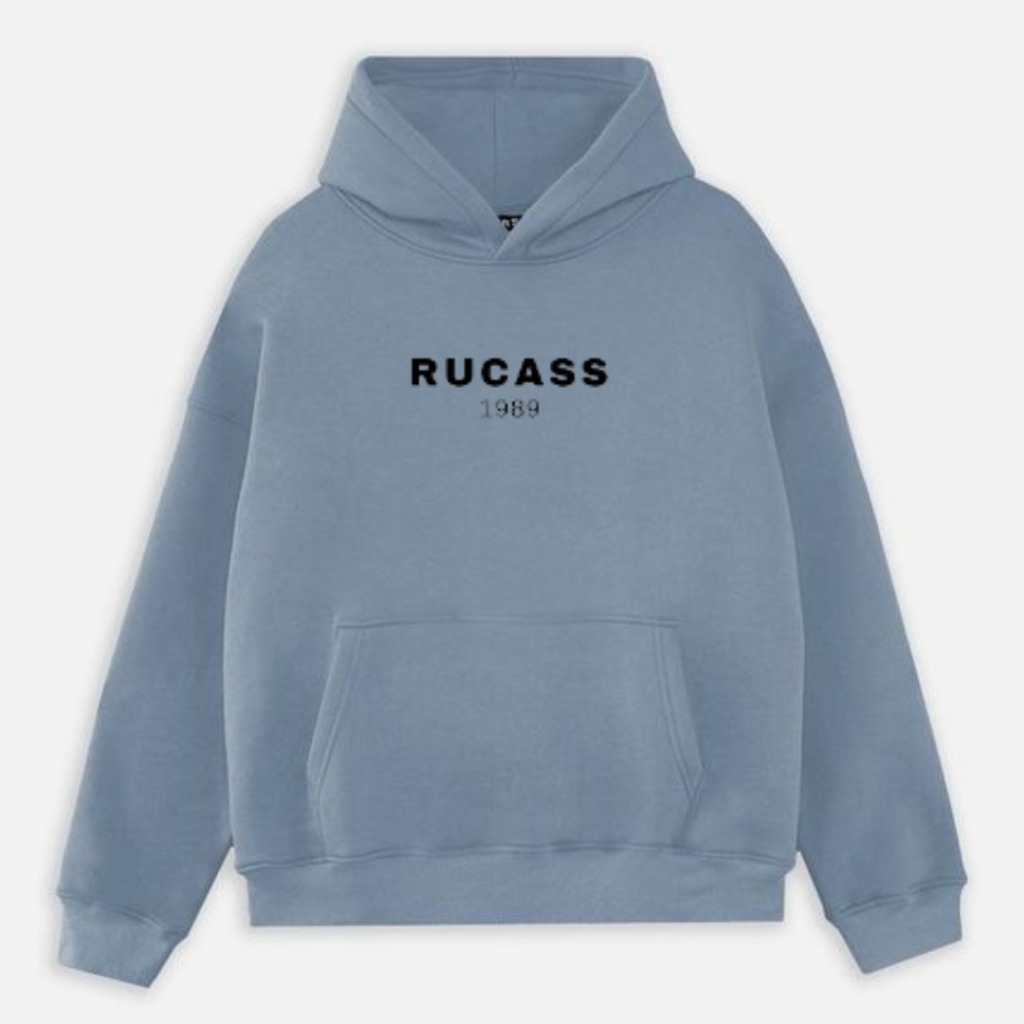 Hoodie Boxy Colour Denim Teks Hitam Basic Unisex / Sweatshirt Pull Tag Lengan Panjang Bahan Cotton F