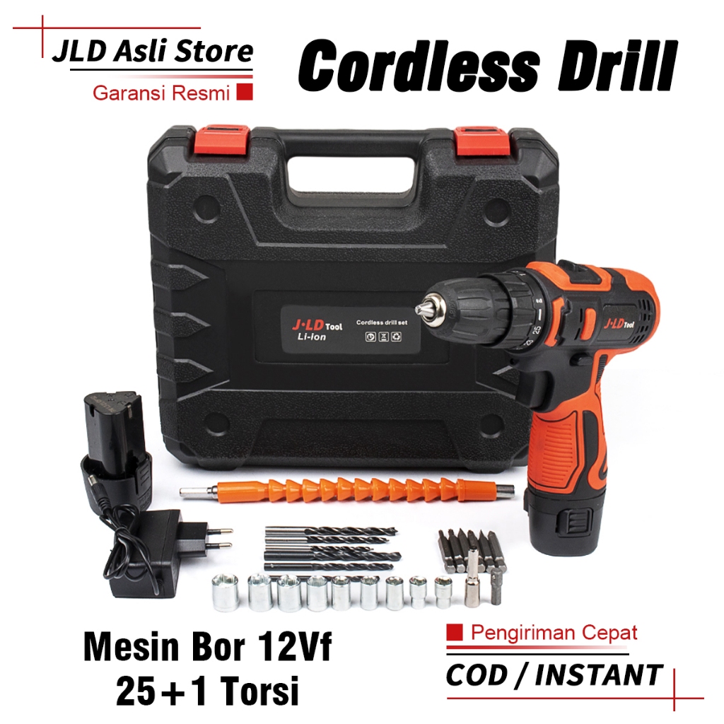 JLD 12Vf Mesin Bor Baterai Murah Berkualitas Bor Cas Jld Bor Case 2 Batre Fullset Portable 25+1 Cord