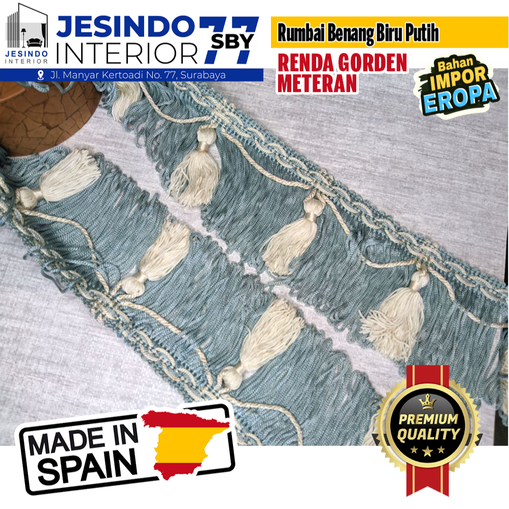 Renda Spanyol Rumbai Benang Biru Putih Aksesoris Hiasan Interior Gorden Premium Elegan Import Eropa