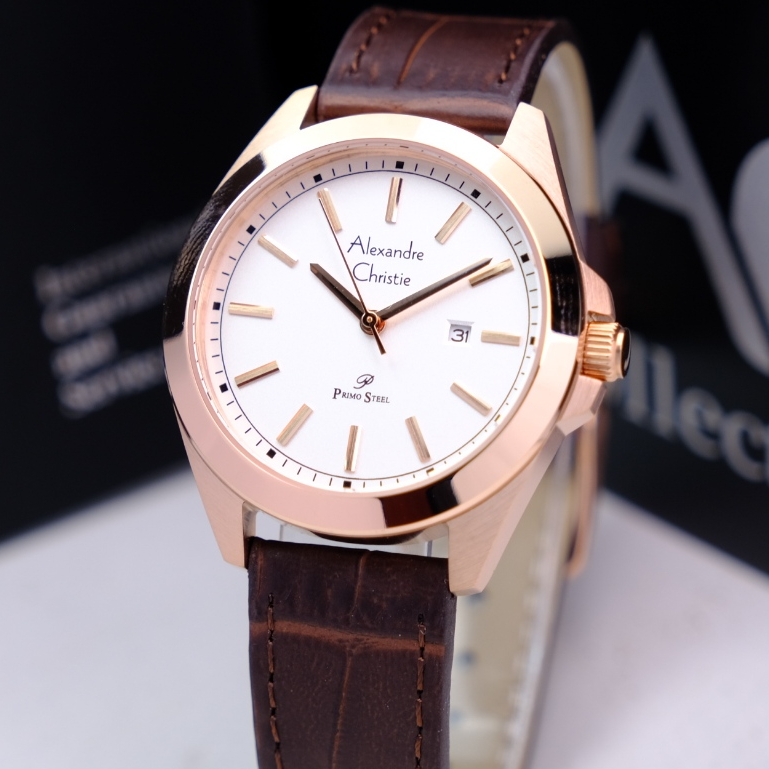 Alexandre Christie Wanita Terbaru Original Warna Rosegold White Brown - AC1015 Strap Kulit