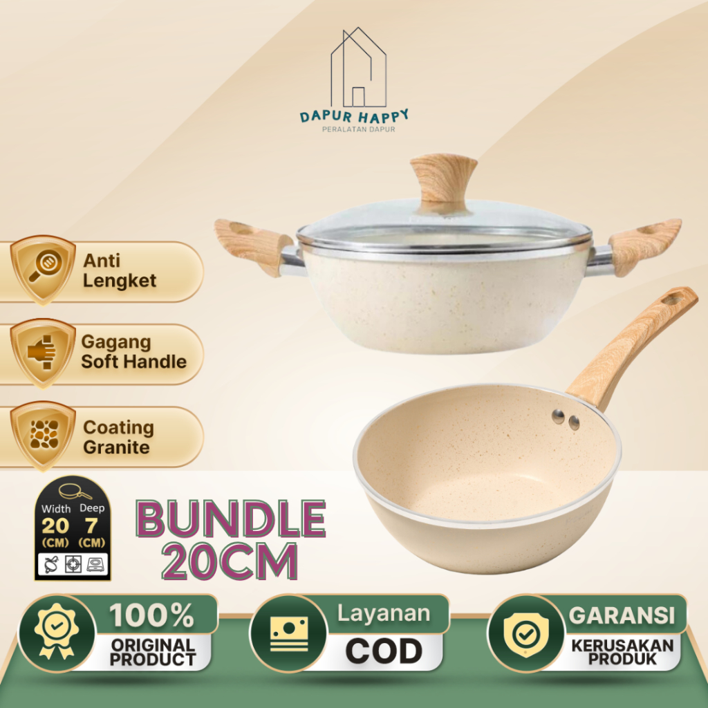 [Bundle 20cm] freemir Set Teflon dan Wajan 20cm Granit Beige Anti Lengket Panggang/Tumis/Goreng