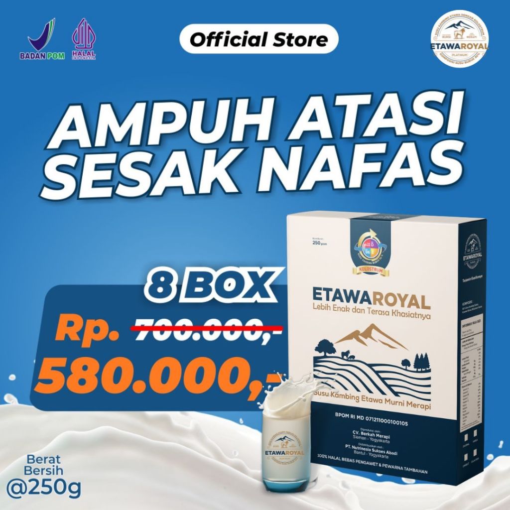 

Paket 8 Box Susu Etawaroyal Kolostrum Perubahan merk Etawaplus Jaminan Original Untuk Sesak Nafas, Pegal Linu, Ashma, Osteoporosis / Susu Kambing Etawaproyal Kolostrum / Susu Etawa Premium Susu bubuk Etawa / Susu kemasan 250gram